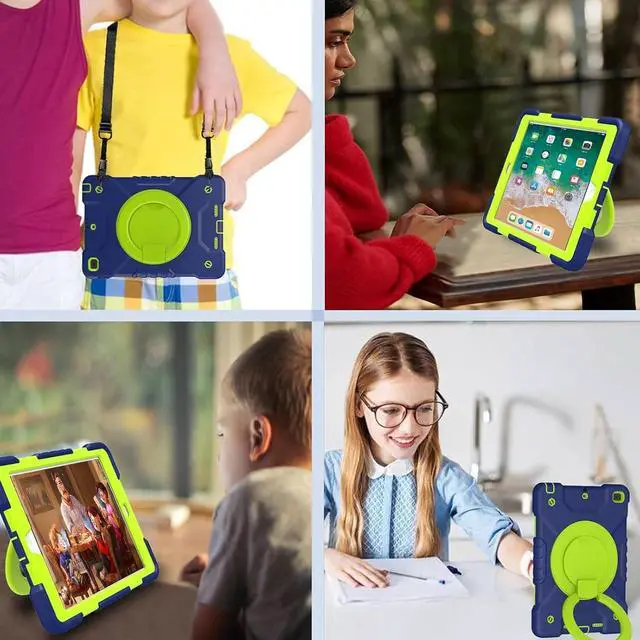 Alt view image 7 of 7 - Case for iPad 6th/5th Generation 9.7 inch 2018/2017 Case, iPad Air 2/Pro 9.7 inch Heavy Duty Protective Cover with Pencil Holder, Shoulder Strap, 360 Rotate Handle Stand, Navy+Green
