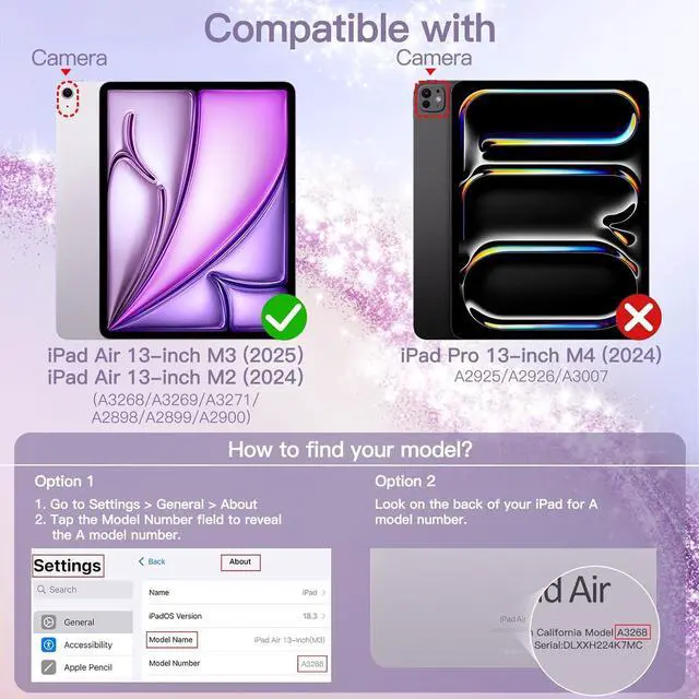Alt view image 2 of 7 - JETech Glitter Case for iPad Air 13-Inch M3/M2 (2025/2024) with Pencil Holder, Cute Sparkly Slim Cover for Kids and Girls, Shiny Clear Back Shell (Pink)