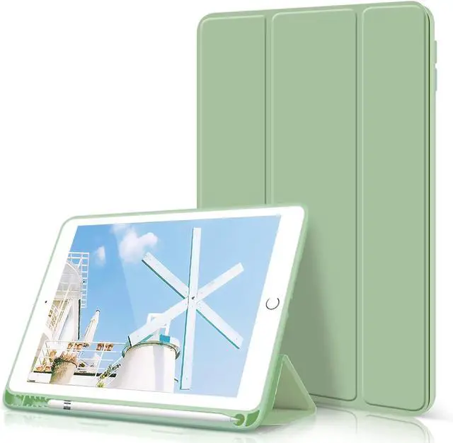 Main image of kenke Case for iPad 9th/8th/7th Generation 10.2 inch, Slim Lightweight Trifold Stand Smart Case with Pencil Holder, Auto Sleep/Wake Soft TPU Back Cover for iPad 10.2 2021/2020/2019, Green