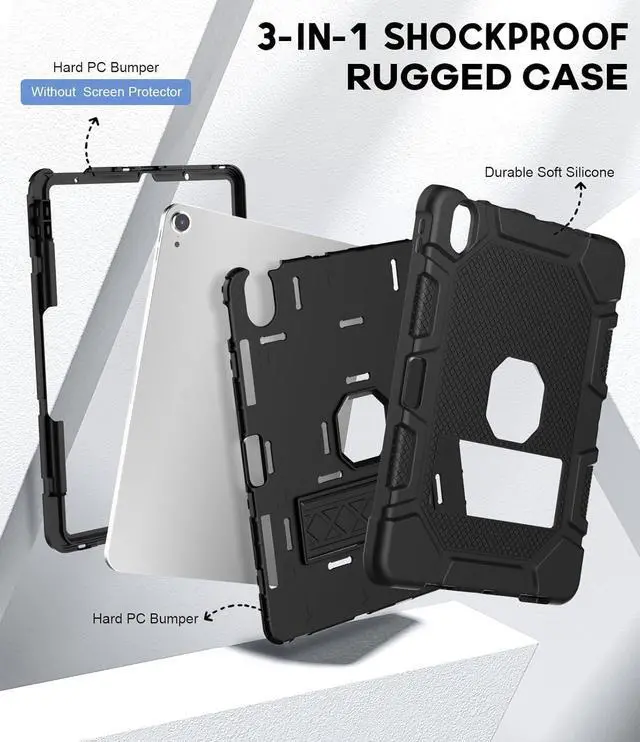 Alt view image 4 of 6 - for iPad Air 11-inch (M3/M2) 2025/2024, iPad Air 5th/4th Generation 10.9 Inch Case (2022/2020), Heavy Duty Shockproof Rugged Protective Case with Pencil Holder, Black
