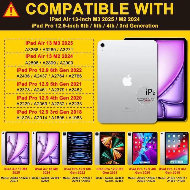 Alt view image 2 of 7 - MEEgoodo Case for iPad Air 13 inch 2025 (M3) /2024 (M2) & iPad Pro 12.9 Case 6th/5th/4th/3rd Generation 2022 2021 2020 2018,Tablet Cover with Pencil Holder/Rotating Stand/Shoulder Strap,Colourful Pink
