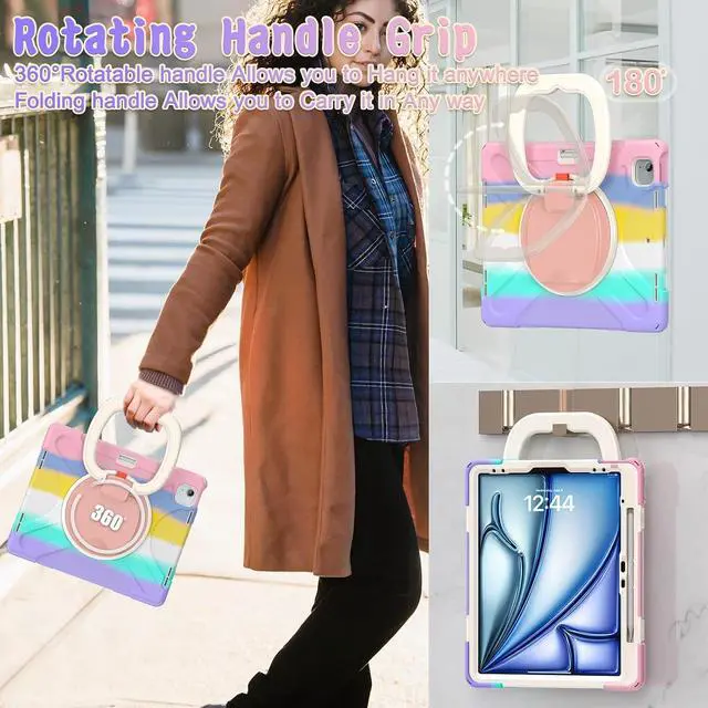 Alt view image 6 of 7 - MEEgoodo Case for iPad Air 13 inch 2025 (M3) /2024 (M2) & iPad Pro 12.9 Case 6th/5th/4th/3rd Generation 2022 2021 2020 2018,Tablet Cover with Pencil Holder/Rotating Stand/Shoulder Strap,Colourful Pink