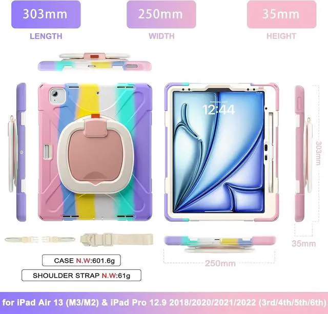 Alt view image 7 of 7 - MEEgoodo Case for iPad Air 13 inch 2025 (M3) /2024 (M2) & iPad Pro 12.9 Case 6th/5th/4th/3rd Generation 2022 2021 2020 2018,Tablet Cover with Pencil Holder/Rotating Stand/Shoulder Strap,Colourful Pink