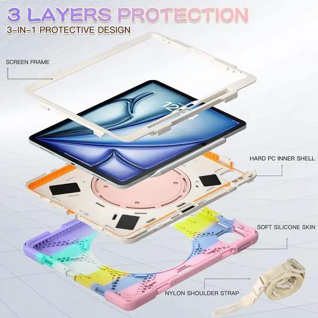 Alt view image 4 of 7 - MEEgoodo Case for iPad Air 13 inch 2025 (M3) /2024 (M2) & iPad Pro 12.9 Case 6th/5th/4th/3rd Generation 2022 2021 2020 2018,Tablet Cover with Pencil Holder/Rotating Stand/Shoulder Strap,Colourful Pink