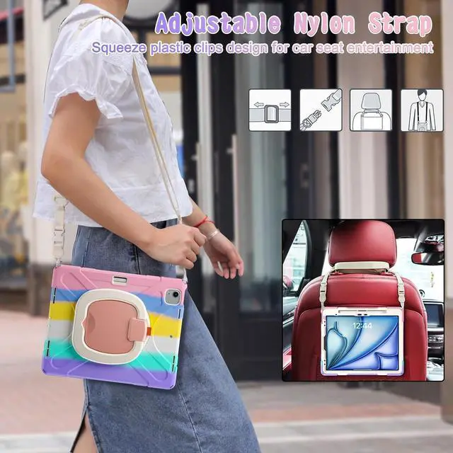 Alt view image 5 of 7 - MEEgoodo Case for iPad Air 13 inch 2025 (M3) /2024 (M2) & iPad Pro 12.9 Case 6th/5th/4th/3rd Generation 2022 2021 2020 2018,Tablet Cover with Pencil Holder/Rotating Stand/Shoulder Strap,Colourful Pink