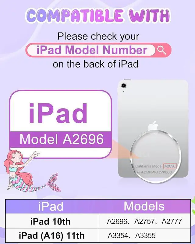 Alt view image 2 of 6 - Boaretiu for iPad A16 Case/10th Generation Case - Girls Teens Cute Cartoon Purple Mermaids 10.9 Inch 2022 Tablet Cover with Strap & Rotating Stand Soft 3D Silicone Funda for iPad 11th 11 Inch 2025