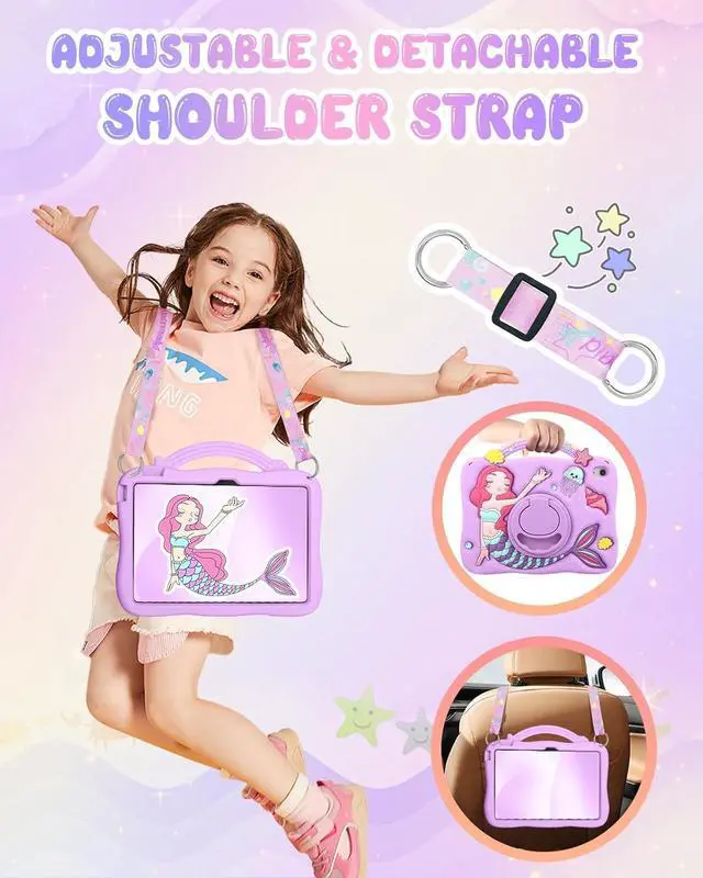 Alt view image 4 of 6 - Boaretiu for iPad A16 Case/10th Generation Case - Girls Teens Cute Cartoon Purple Mermaids 10.9 Inch 2022 Tablet Cover with Strap & Rotating Stand Soft 3D Silicone Funda for iPad 11th 11 Inch 2025