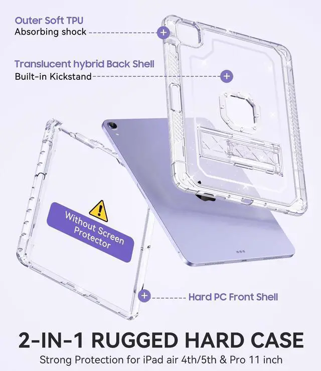Alt view image 5 of 7 - Case for iPad Air 5th/ 4th Generation Case (2022/2020) 10.9'', for iPad Pro 11 Inch (4th/3rd/2nd/1st Gen), Hard Sturdy Slim Cover for iPad Air 5 4 th with Pencil Holder/Stand, Clear Glitter