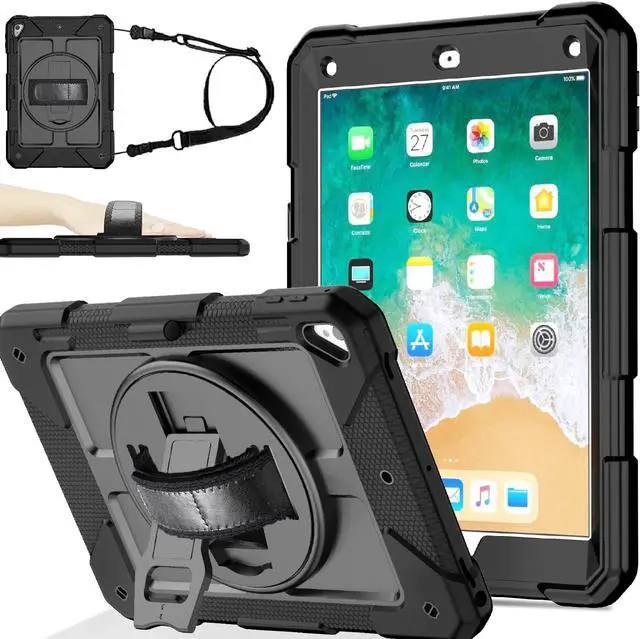 Main image of BMOUO Case for iPad 6th/5th Generation Case (9.7 inch, 2018/2017), 360°Rotating Stand, Hand/Shoulder Strap Shockproof iPad 9.7 Case for iPad Air 2, Black