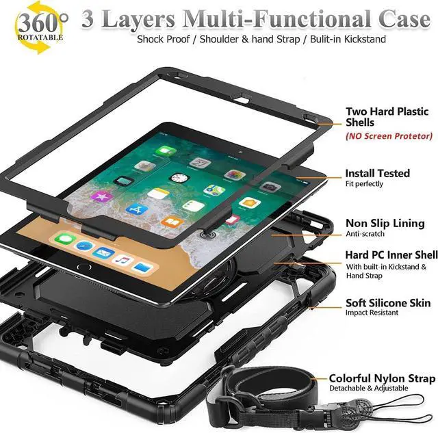 Alt view image 3 of 7 - BMOUO Case for iPad 6th/5th Generation Case (9.7 inch, 2018/2017), 360°Rotating Stand, Hand/Shoulder Strap Shockproof iPad 9.7 Case for iPad Air 2, Black