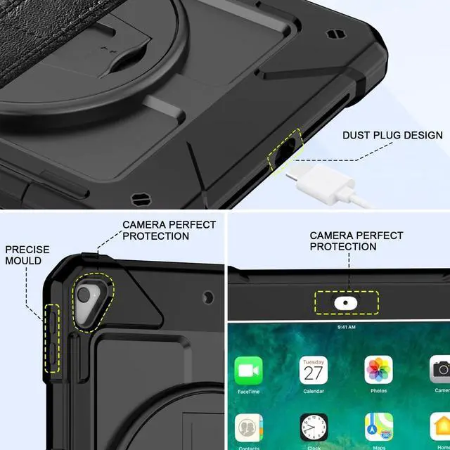 Alt view image 4 of 7 - BMOUO Case for iPad 6th/5th Generation Case (9.7 inch, 2018/2017), 360°Rotating Stand, Hand/Shoulder Strap Shockproof iPad 9.7 Case for iPad Air 2, Black