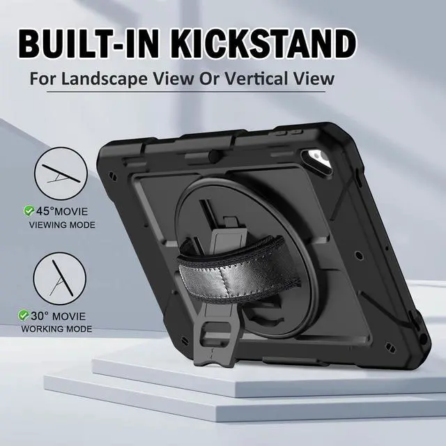 Alt view image 6 of 7 - BMOUO Case for iPad 6th/5th Generation Case (9.7 inch, 2018/2017), 360°Rotating Stand, Hand/Shoulder Strap Shockproof iPad 9.7 Case for iPad Air 2, Black