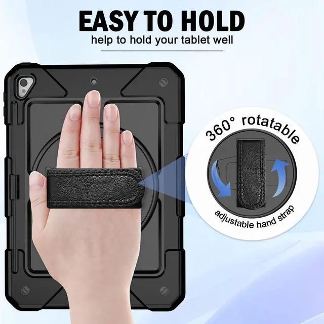 Alt view image 7 of 7 - BMOUO Case for iPad 6th/5th Generation Case (9.7 inch, 2018/2017), 360°Rotating Stand, Hand/Shoulder Strap Shockproof iPad 9.7 Case for iPad Air 2, Black