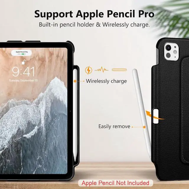 Alt view image 5 of 7 - Fintie Rotating Case for iPad Pro 11-inch M4 (2024) (Model Number: A2836/A2837/A3006) - 360 Degree Swiveling Smart Stand Protective Cover with Pencil Holder, Auto Sleep/Wake, Black