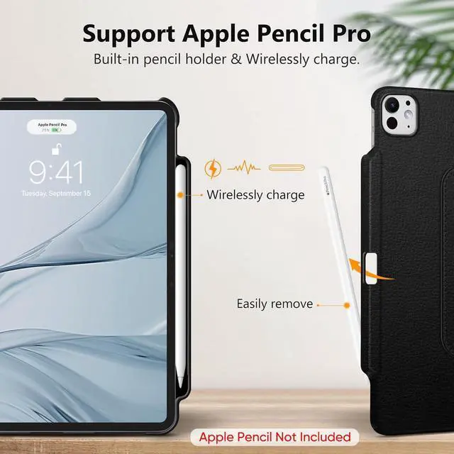 Alt view image 6 of 7 - Fintie Rotating Case for iPad Pro 13-inch (M4) 2024 with Pencil Holder - 360 Degree Swiveling Protective Stand Cover with Auto Wake/Sleep, Black