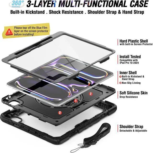 Alt view image 6 of 6 - Herize Case for iPad Pro 13 Inch with Screen Protector Pen Holder | Case Compatible with iPad Pro 7th Generation Supports Apple Pencil Charge | Shockproof Silicone Protective Cover W/Shoulder Strap