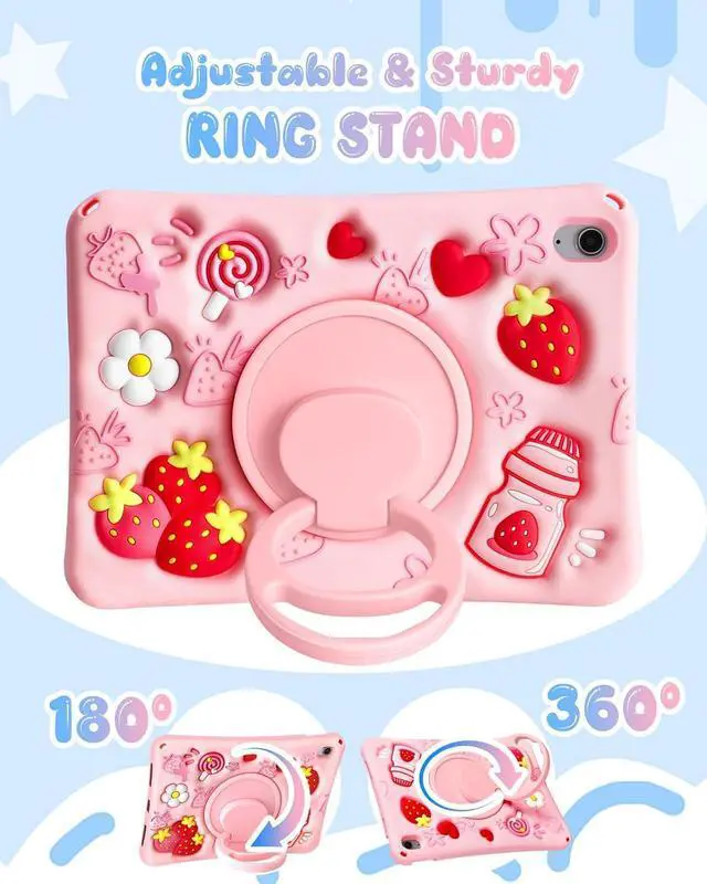 Alt view image 5 of 7 - Boaretiu for iPad A16 Case/10th Generation Case - for Girls Teens Strawberry Soft Silicone Cute with Shoulder Strap & Rotating Stand for iPad 11th Generation Case 11 Inch 2025