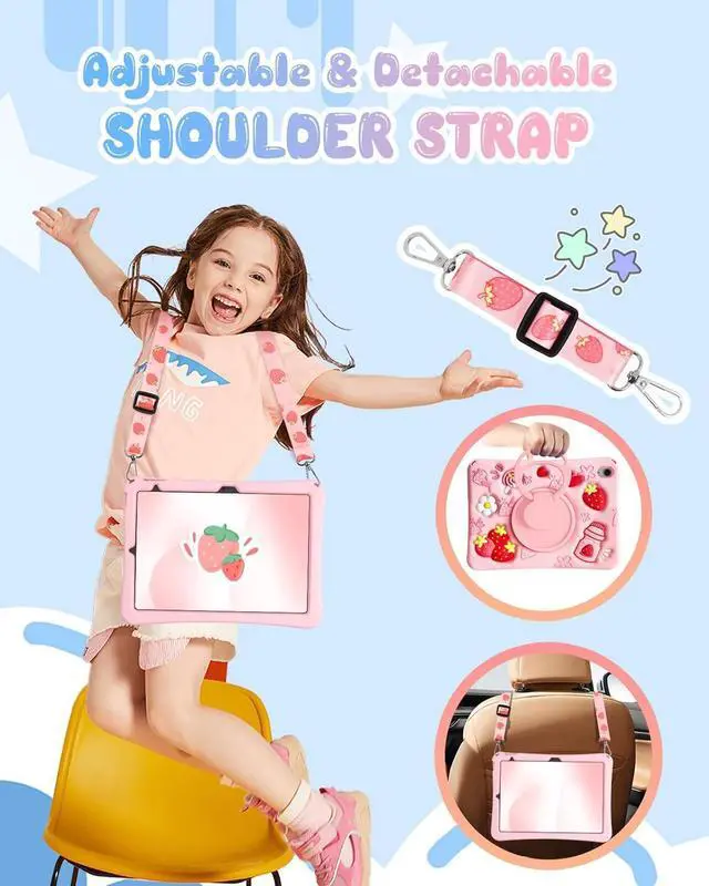 Alt view image 4 of 7 - Boaretiu for iPad A16 Case/10th Generation Case - for Girls Teens Strawberry Soft Silicone Cute with Shoulder Strap & Rotating Stand for iPad 11th Generation Case 11 Inch 2025