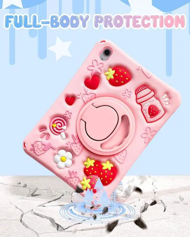 Alt view image 7 of 7 - Boaretiu for iPad A16 Case/10th Generation Case - for Girls Teens Strawberry Soft Silicone Cute with Shoulder Strap & Rotating Stand for iPad 11th Generation Case 11 Inch 2025