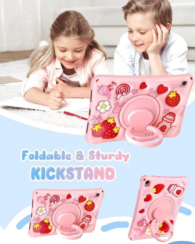 Alt view image 6 of 7 - Boaretiu for iPad A16 Case/10th Generation Case - for Girls Teens Strawberry Soft Silicone Cute with Shoulder Strap & Rotating Stand for iPad 11th Generation Case 11 Inch 2025