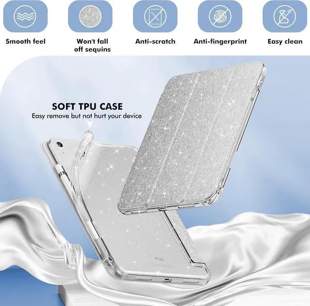 Alt view image 4 of 7 - INFILAND Compatible with iPad A16 11th Generation 11 Inch 2025 Case, iPad Case 10th Generation 10.9 Inch, Glitter Cover with Sparkly Clear Back, Pencil Holder, for Kids Girls, Silver