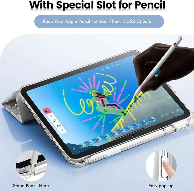 Alt view image 6 of 7 - INFILAND Compatible with iPad A16 11th Generation 11 Inch 2025 Case, iPad Case 10th Generation 10.9 Inch, Glitter Cover with Sparkly Clear Back, Pencil Holder, for Kids Girls, Silver