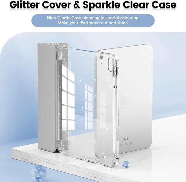 Alt view image 3 of 7 - INFILAND Compatible with iPad A16 11th Generation 11 Inch 2025 Case, iPad Case 10th Generation 10.9 Inch, Glitter Cover with Sparkly Clear Back, Pencil Holder, for Kids Girls, Silver