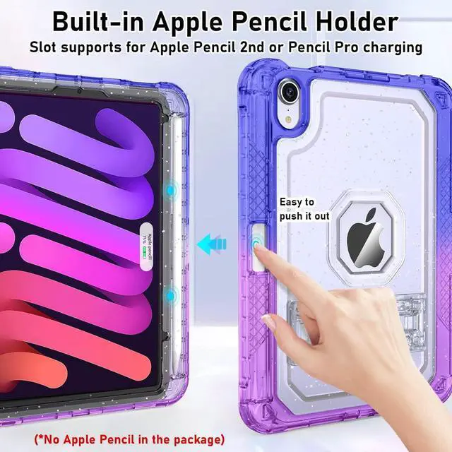 Alt view image 3 of 7 - Case for iPad mini A17 Pro, for iPad mini 7th/6th Generation Case 8.3 inch 2024/2021 with Pencil Holder/Stand, Slim Cover for i Pad Mini 7/6 (Clear Glitter/Gradient Blue Purple)