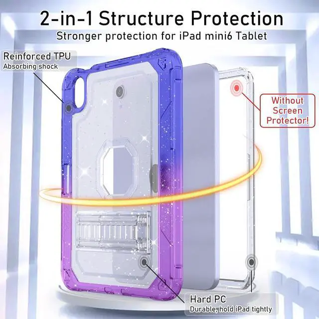 Alt view image 4 of 7 - Case for iPad mini A17 Pro, for iPad mini 7th/6th Generation Case 8.3 inch 2024/2021 with Pencil Holder/Stand, Slim Cover for i Pad Mini 7/6 (Clear Glitter/Gradient Blue Purple)
