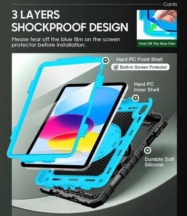 Alt view image 3 of 7 - Cantis Case for iPad (A16) 11th/ 10th Generation 11/ 10.9 Inch 2025/ 2022, Shockproof Case for iPad 11 with Screen Protector/ Rotating Stand/ Adjustable Shoulder Strap/ Pen Holder, Black+Blue+Black