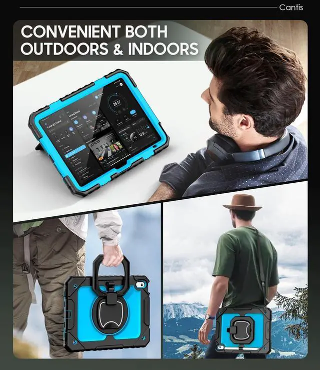 Alt view image 7 of 7 - Cantis Case for iPad (A16) 11th/ 10th Generation 11/ 10.9 Inch 2025/ 2022, Shockproof Case for iPad 11 with Screen Protector/ Rotating Stand/ Adjustable Shoulder Strap/ Pen Holder, Black+Blue+Black