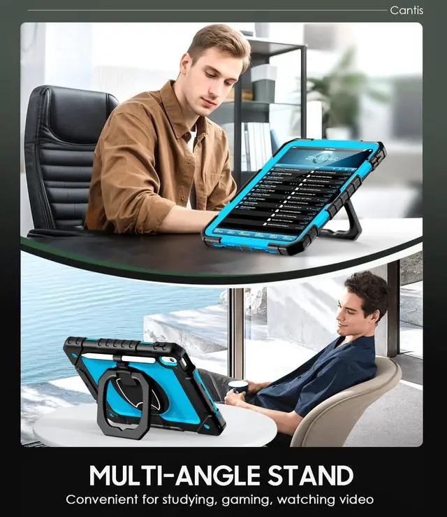 Alt view image 4 of 7 - Cantis Case for iPad (A16) 11th/ 10th Generation 11/ 10.9 Inch 2025/ 2022, Shockproof Case for iPad 11 with Screen Protector/ Rotating Stand/ Adjustable Shoulder Strap/ Pen Holder, Black+Blue+Black