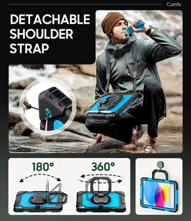 Alt view image 5 of 7 - Cantis Case for iPad (A16) 11th/ 10th Generation 11/ 10.9 Inch 2025/ 2022, Shockproof Case for iPad 11 with Screen Protector/ Rotating Stand/ Adjustable Shoulder Strap/ Pen Holder, Black+Blue+Black