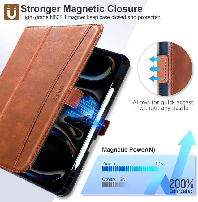 Alt view image 4 of 7 - Handcrafted Case Only for iPad Pro 13 Inch 2024 M4 A2925 A2926 with Pencil Holder & Hand Strap & Pocket,Magnetic Closure,Multi Angles Stand,PU Leather Folio Cover,Auto Sleep/Wake,Brown