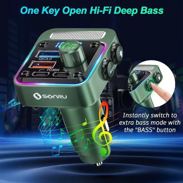 Alt view image 5 of 7 - Bluetooth 5.3 FM Transmitter Car Adapter - SONRU Car Charger 54W [PD 36W & QC3.0 18W], Wireless FM Radio Transmitter [HiFi Treble & Bass Player], 5 Colors LED Backlit, Hands-Free Calling, U-Disk