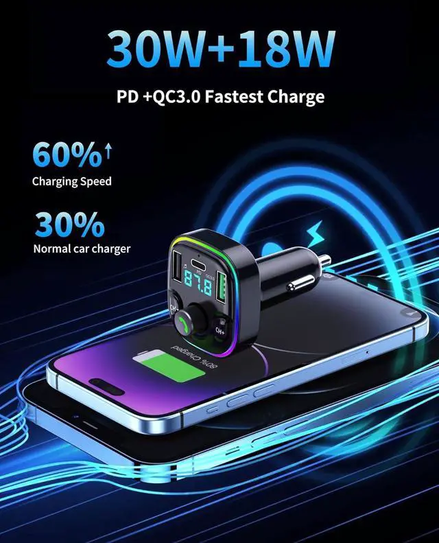 Alt view image 3 of 7 - Bluetooth 5.4 FM Transmitter Car Adapter - Car Bluetooth Adapter with Fast Charger[PD 30W & QC3.0 18W],Hi-Fi Audio & Clear Calls,7 Colors LED Backlit