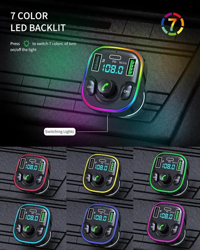 Alt view image 5 of 7 - Bluetooth 5.4 FM Transmitter Car Adapter - Car Bluetooth Adapter with Fast Charger[PD 30W & QC3.0 18W],Hi-Fi Audio & Clear Calls,7 Colors LED Backlit