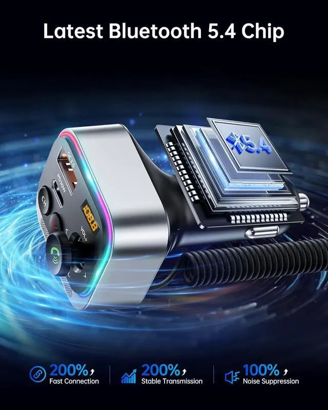 Alt view image 2 of 7 - Syncwire Bluetooth 5.4 FM Transmitter Car Adapter 66W PD & QC 3.0 Fast Charging with USB-C Cable Wireless Radio Adapter with Light Control, HiFi Bass, Hands-Free Calling and Strong Mics