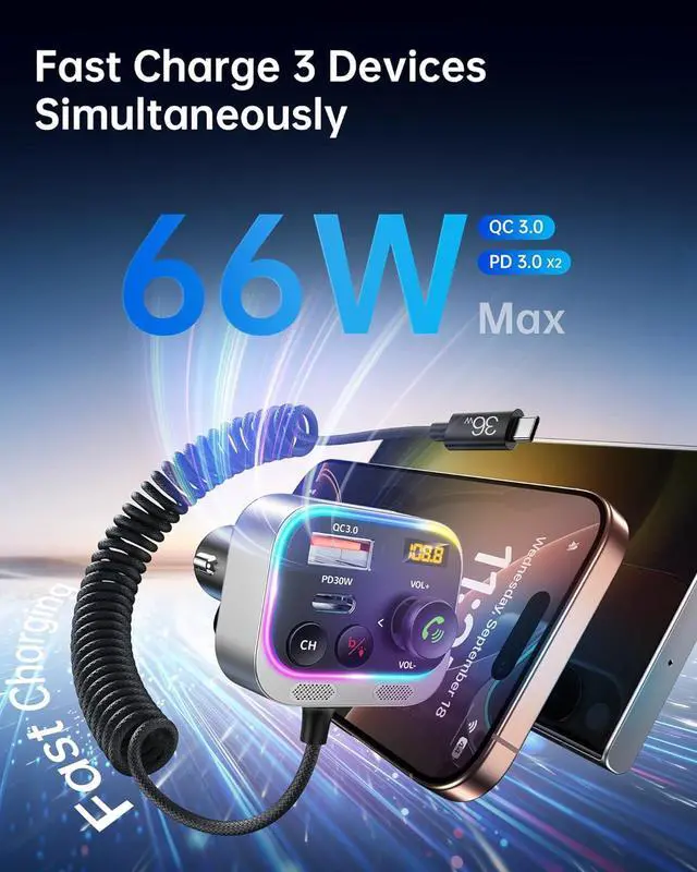 Alt view image 3 of 7 - Syncwire Bluetooth 5.4 FM Transmitter Car Adapter 66W PD & QC 3.0 Fast Charging with USB-C Cable Wireless Radio Adapter with Light Control, HiFi Bass, Hands-Free Calling and Strong Mics