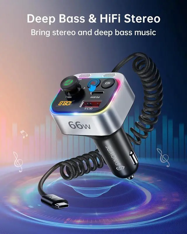Alt view image 5 of 7 - Syncwire Bluetooth 5.4 FM Transmitter Car Adapter 66W PD & QC 3.0 Fast Charging with USB-C Cable Wireless Radio Adapter with Light Control, HiFi Bass, Hands-Free Calling and Strong Mics