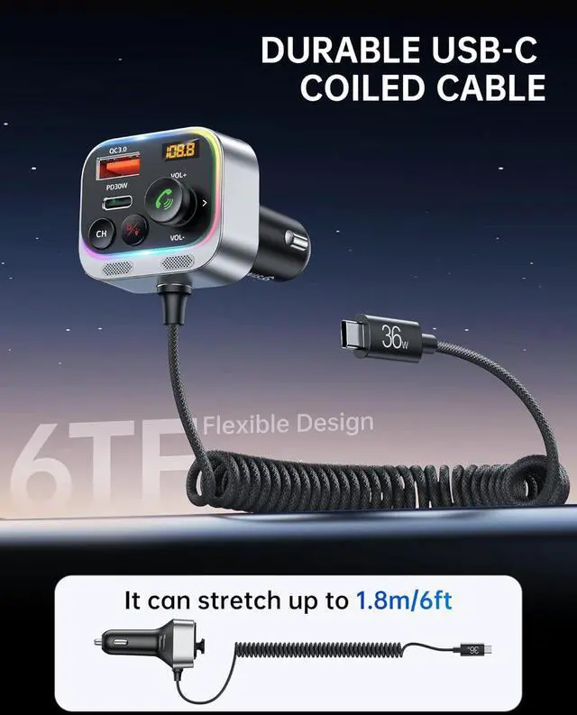 Alt view image 6 of 7 - Syncwire Bluetooth 5.4 FM Transmitter Car Adapter 66W PD & QC 3.0 Fast Charging with USB-C Cable Wireless Radio Adapter with Light Control, HiFi Bass, Hands-Free Calling and Strong Mics