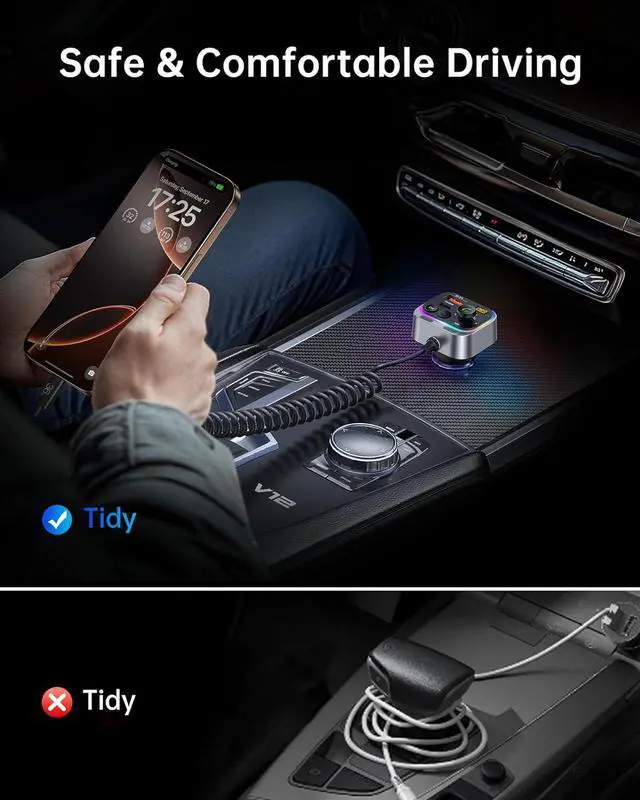 Alt view image 7 of 7 - Syncwire Bluetooth 5.4 FM Transmitter Car Adapter 66W PD & QC 3.0 Fast Charging with USB-C Cable Wireless Radio Adapter with Light Control, HiFi Bass, Hands-Free Calling and Strong Mics