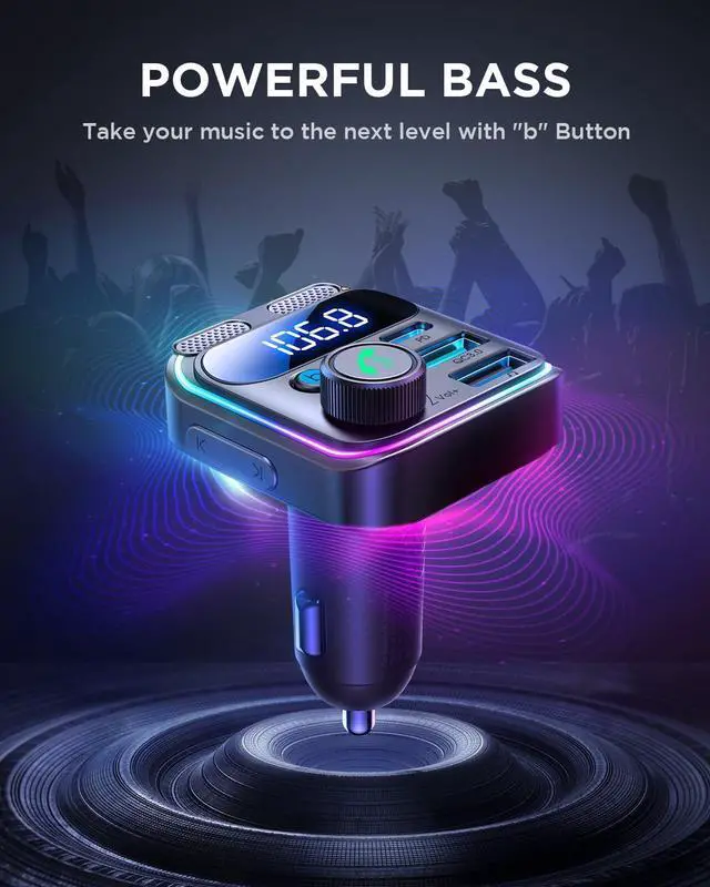 Alt view image 3 of 7 - JOYROOM 81W Bluetooth 5.4 FM Transmitter Car Adapter PD & QC 3.0 USB C Car Charger Cigarette Lighter Adapter Hands-Free Calling Radio Support USB Drive [Stronger Dual Mics & HiFi Deep Bass Sound]