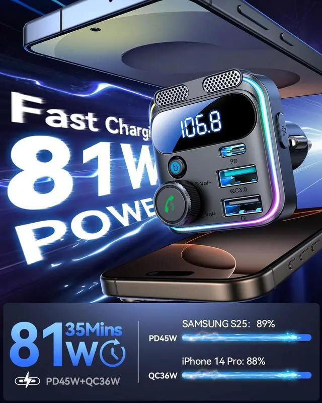 Alt view image 4 of 7 - JOYROOM 81W Bluetooth 5.4 FM Transmitter Car Adapter PD & QC 3.0 USB C Car Charger Cigarette Lighter Adapter Hands-Free Calling Radio Support USB Drive [Stronger Dual Mics & HiFi Deep Bass Sound]