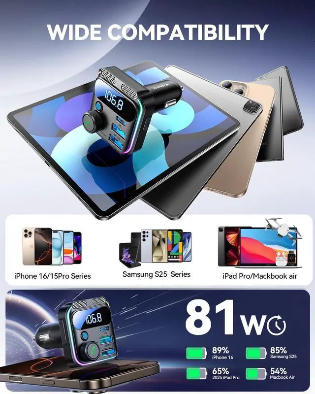 Alt view image 7 of 7 - JOYROOM 81W Bluetooth 5.4 FM Transmitter Car Adapter PD & QC 3.0 USB C Car Charger Cigarette Lighter Adapter Hands-Free Calling Radio Support USB Drive [Stronger Dual Mics & HiFi Deep Bass Sound]