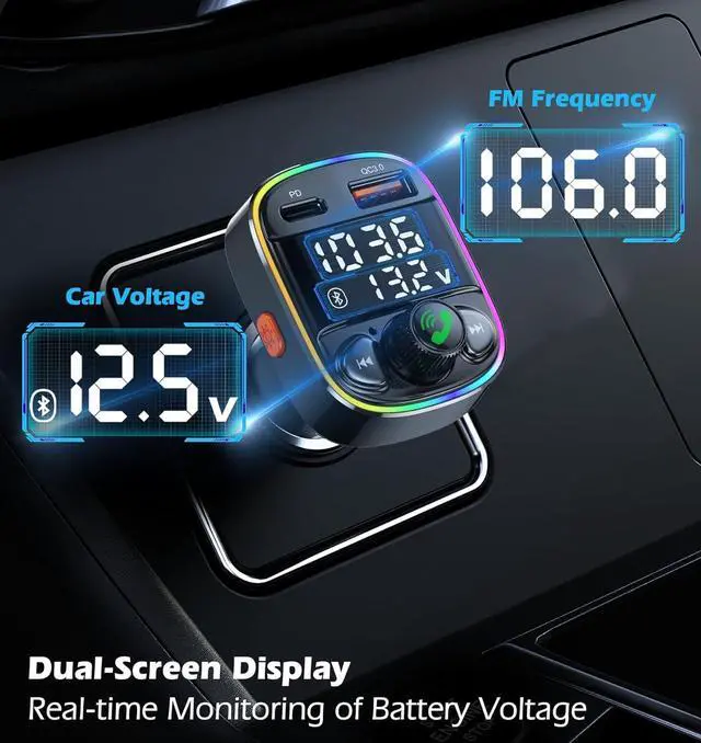 Alt view image 2 of 7 - LIHAN AUX USB C Bluetooth Car Adapter, Wireless Handsfree Call, FM Transmitter Radio Receiver, QC3.0 & Type-C Car Charger, 7 Color Backlit with 2 LED Displays, TF Card & Music Stereo Player