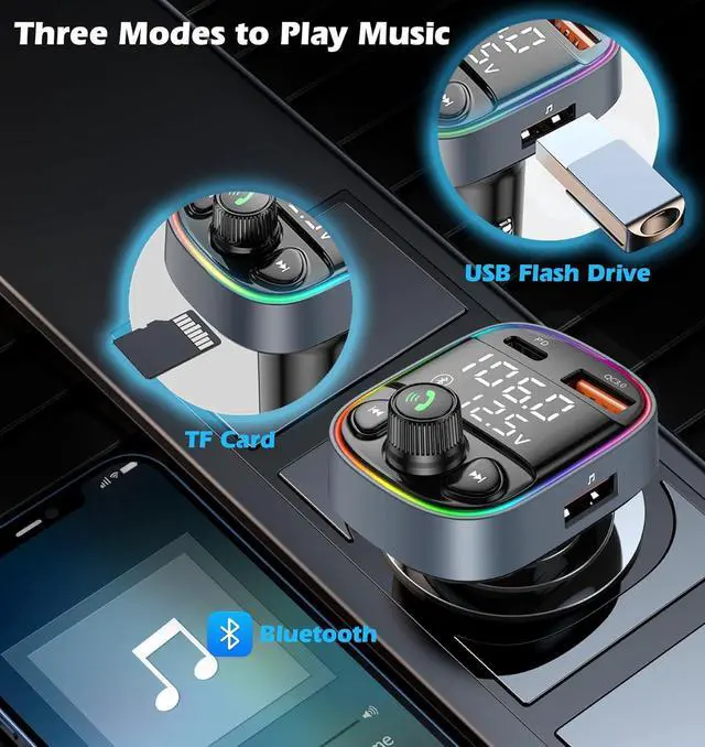 Alt view image 3 of 7 - LIHAN AUX USB C Bluetooth Car Adapter, Wireless Handsfree Call, FM Transmitter Radio Receiver, QC3.0 & Type-C Car Charger, 7 Color Backlit with 2 LED Displays, TF Card & Music Stereo Player