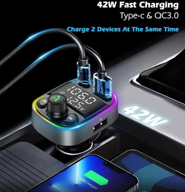 Alt view image 4 of 7 - LIHAN AUX USB C Bluetooth Car Adapter, Wireless Handsfree Call, FM Transmitter Radio Receiver, QC3.0 & Type-C Car Charger, 7 Color Backlit with 2 LED Displays, TF Card & Music Stereo Player