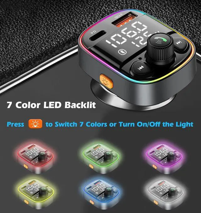 Alt view image 6 of 7 - LIHAN AUX USB C Bluetooth Car Adapter, Wireless Handsfree Call, FM Transmitter Radio Receiver, QC3.0 & Type-C Car Charger, 7 Color Backlit with 2 LED Displays, TF Card & Music Stereo Player