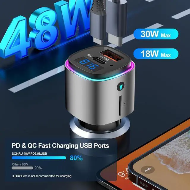 Alt view image 3 of 7 - (Upgraded Version) FM Transmitter Bluetooth, SONRU Bluetooth Car Adapter [PD 30W & QC3.0 18W], Wireless FM Radio Transmitter, Hands-Free Calling, Siri Google Assistant, TF Card